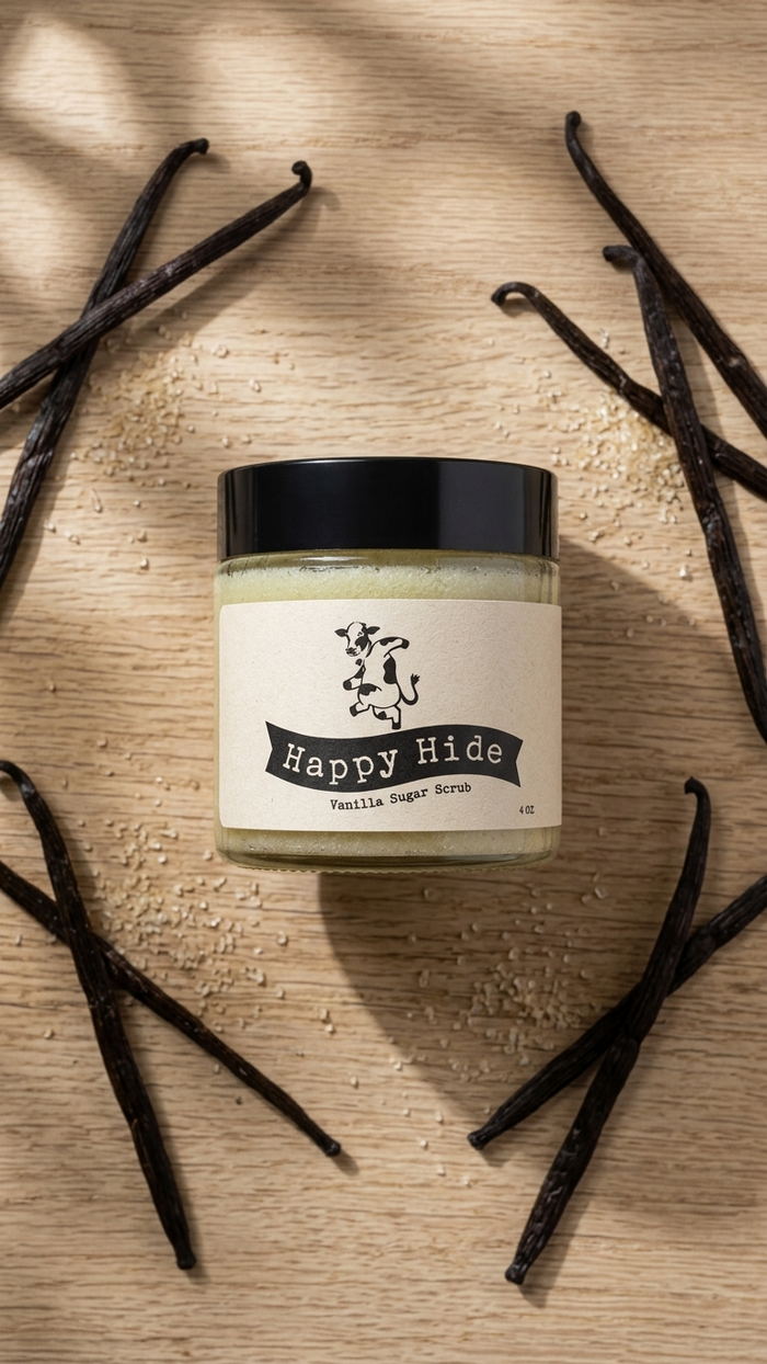Happy Hide Vanilla Sugar Scrub with vanilla pods and scattered sugar on wood