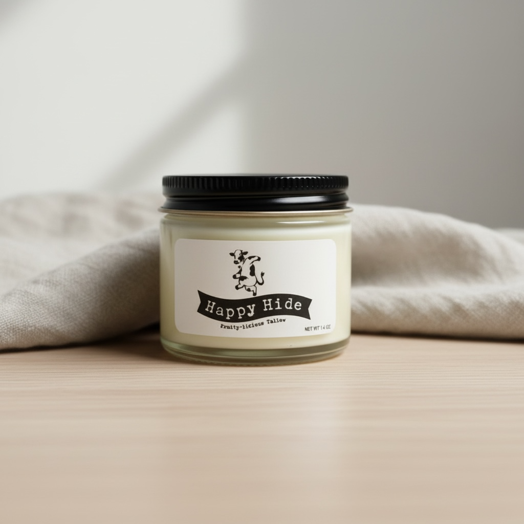 Happy Hide Fruity-licious Tallow jar on light wood with linen in the background