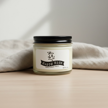 Happy Hide Fruity-licious Tallow jar on light wood with linen in the background