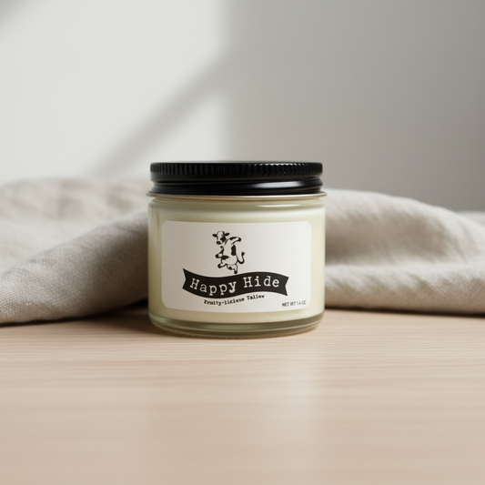 Happy Hide Fruity-licious Tallow jar on light wood with linen in the background
