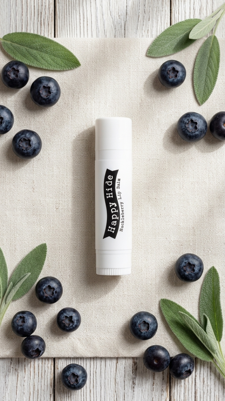 Happy Hide Huckleberry Lip Balm on linen surrounded by berries and green leaves