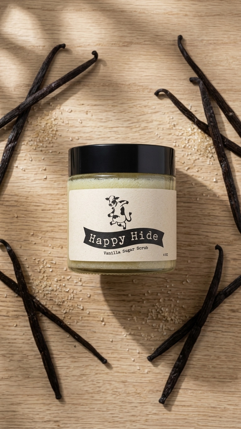 Happy Hide Vanilla Sugar Scrub with vanilla pods and scattered sugar on wood
